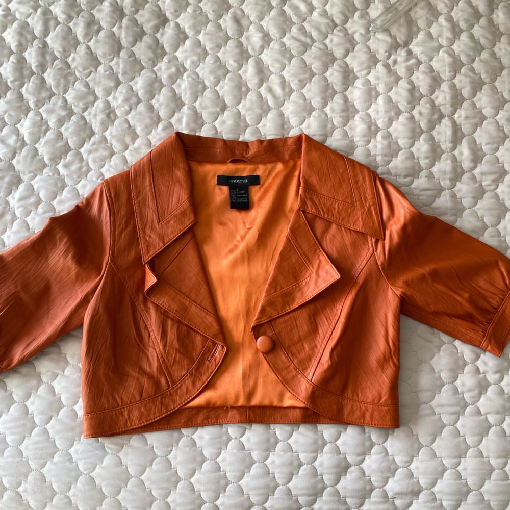 Orange lamb skin leather crop jacket